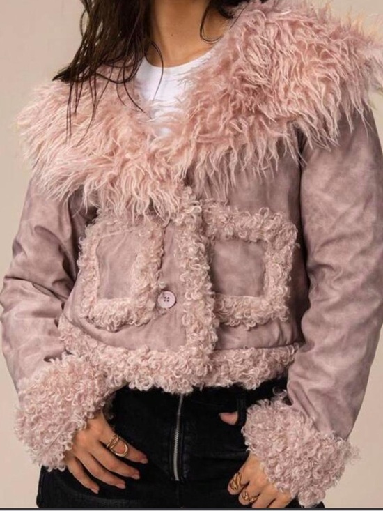 Jackets & Blazers - Cropped Pink marble faux leather jacket with faux fur trim